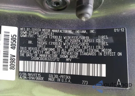 2012 Toyota Sienna Se 8 Passenger z USA, uszkodzony, nr VIN 5TDXK3DC8CS223712